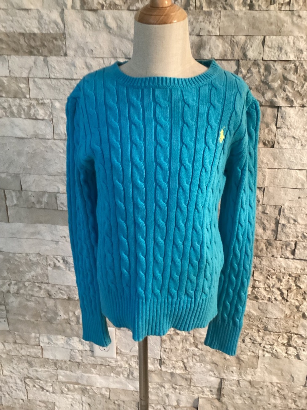 Polo Ralph Lauren Kids Cable Knit Crewneck Sweater Turquoise Blue Size L 12-14